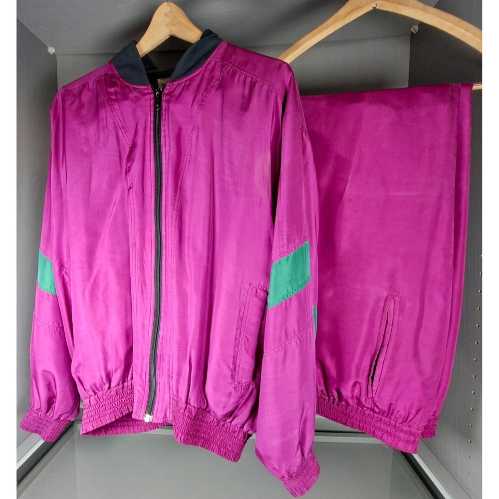 Robert Stock Mens M Silk Tracksuit Magenta Purple Vintage 2 Piece Set Jacket